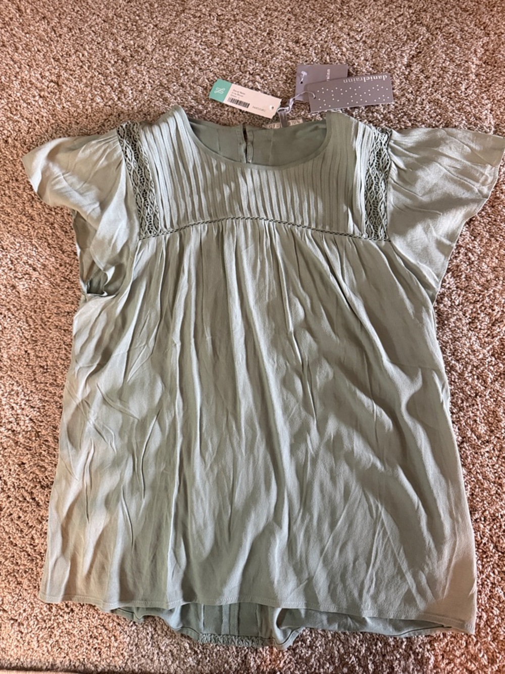 Daniel Rainn Sage Green Pleated Crochet Yoke Blouse